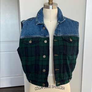 Vintage GAP Blue quilted  Green flannel plaid Jean Jacket Vest coat Large